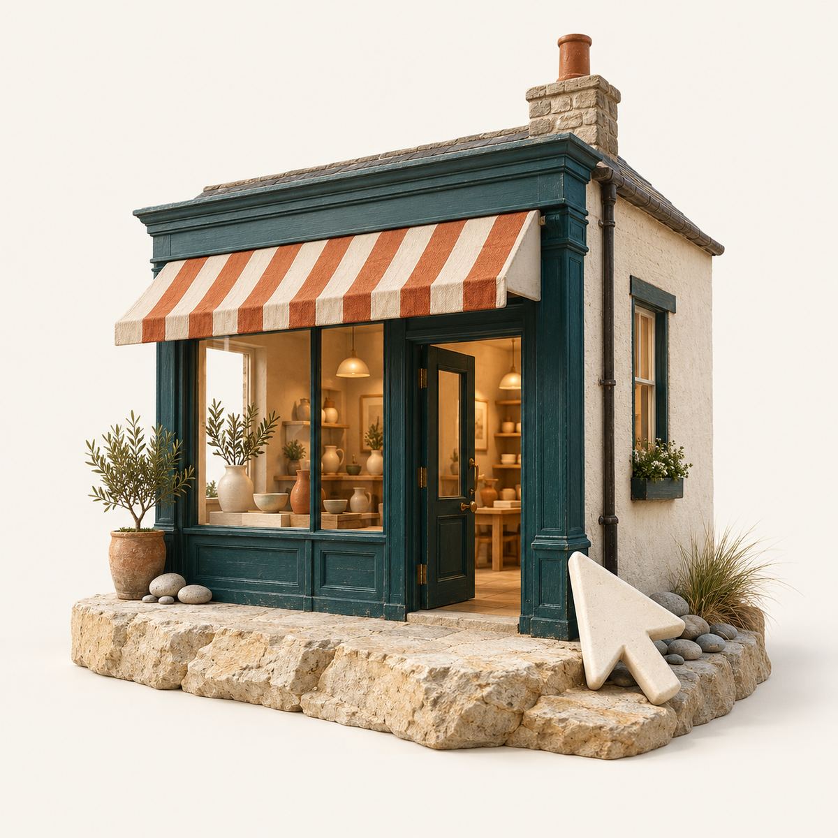 A miniature coastal shopfront with an open door and a sculpted computer cursor